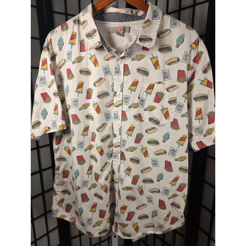 Silver Lake Mens XXL Junk Food Print Button Down Shirt Cotton Short Sleeve Cream
